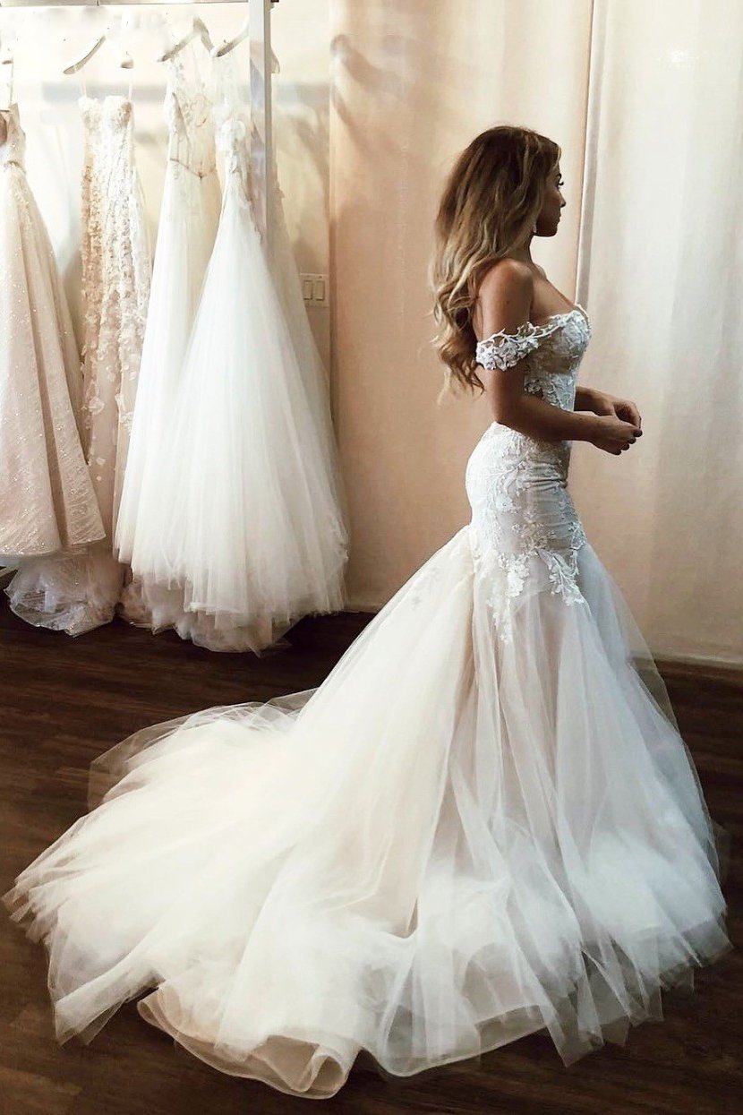 Stunning Off Shoulder Mermaid Lace Applique Wedding Dresses With Tulle Skirt PW132