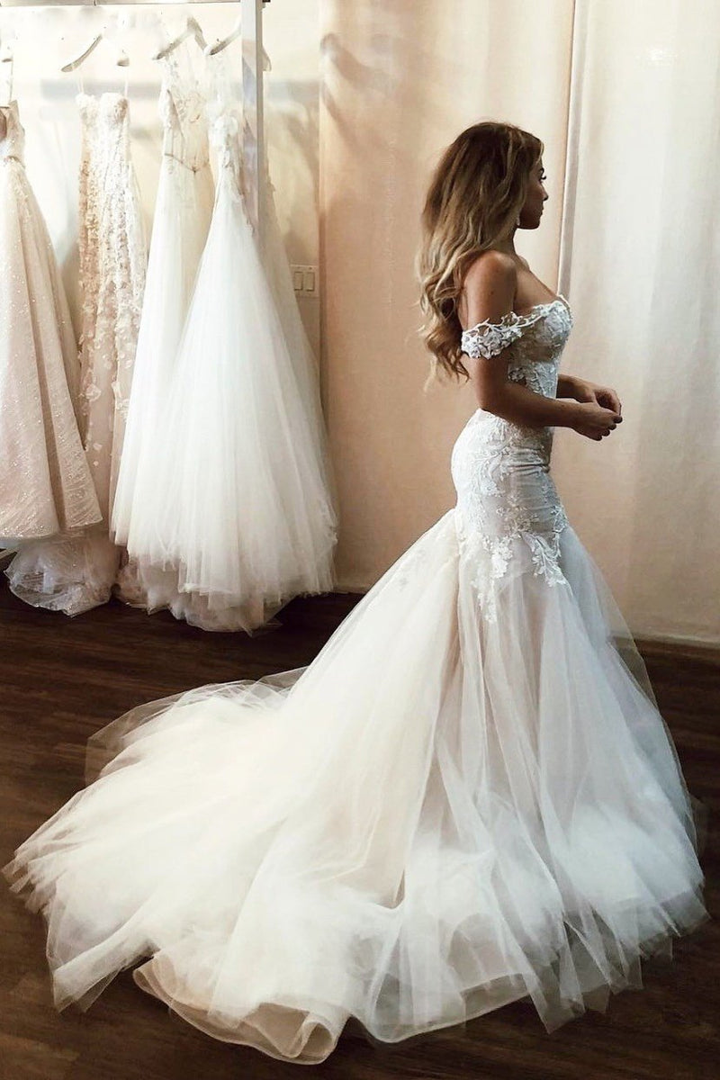 Stunning Off Shoulder Mermaid Lace Applique Wedding Dresses With Tulle Skirt PW132
