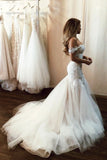Stunning Offf Shoulder Mermaid Lace Applique Wedding Dresses With Tulle Skirt PW132