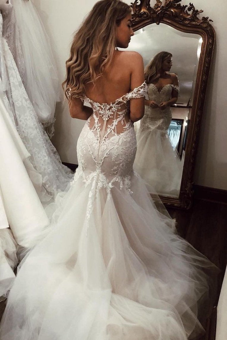 Stunning Off Shoulder Mermaid Lace Applique Wedding Dresses With Tulle Skirt PW132