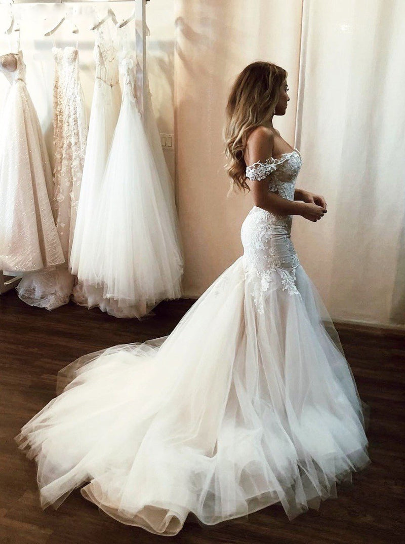 Stunning Off Shoulder Mermaid Lace Applique Wedding Dresses With Tulle Skirt PW132