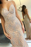 mermaid long prom dress with beads spaghetti formal evening dresses