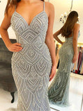 mermaid long prom dress with beads spaghetti formal evening dresses