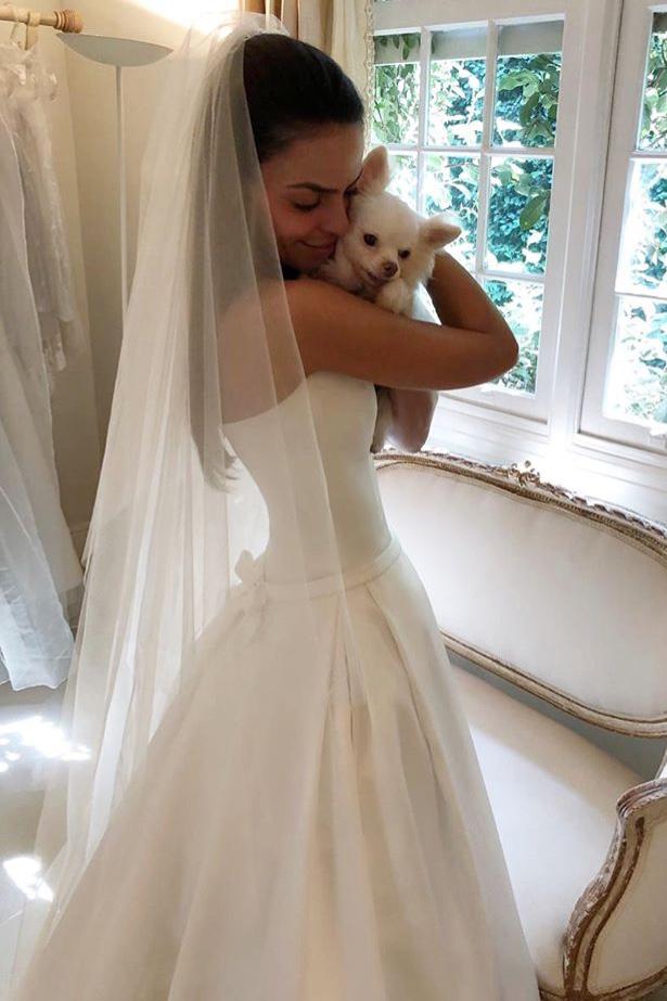 simple satin strapless wedding dresses long bridal dress with pockets