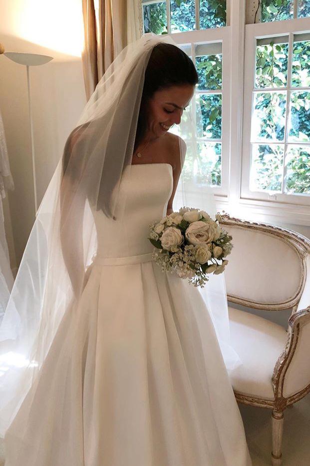 simple satin strapless wedding dresses long bridal dress with pockets