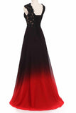 round neck lace applique top chiffon black red ombre prom formal dresses