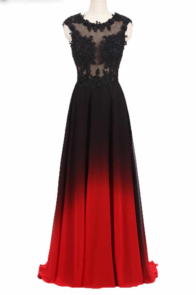 round neck lace applique top chiffon black red ombre prom formal dresses