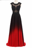 round neck lace applique top chiffon black red ombre prom formal dresses