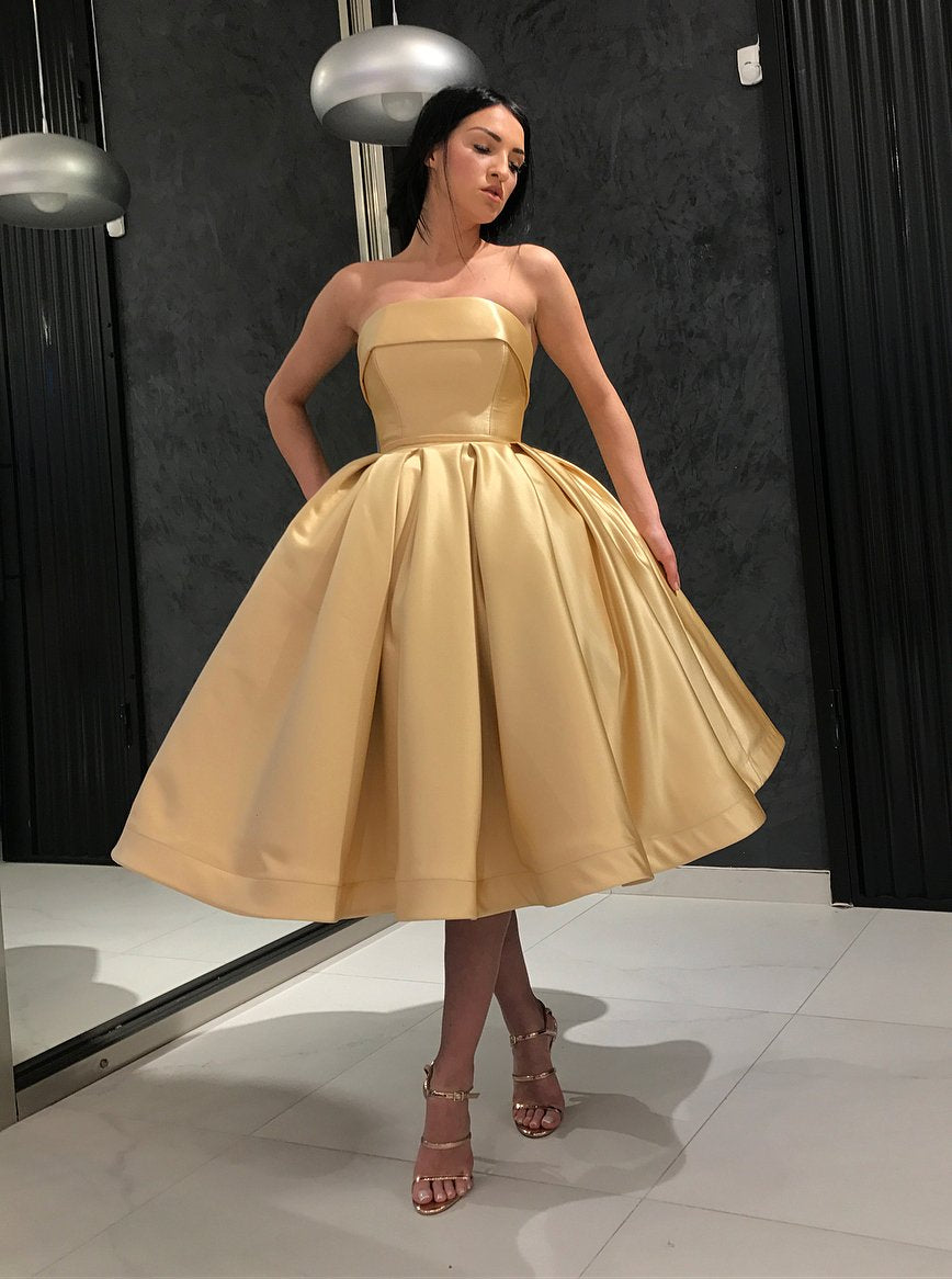 gold short prom homecoming dresses simple strapless 8th graduation dresses