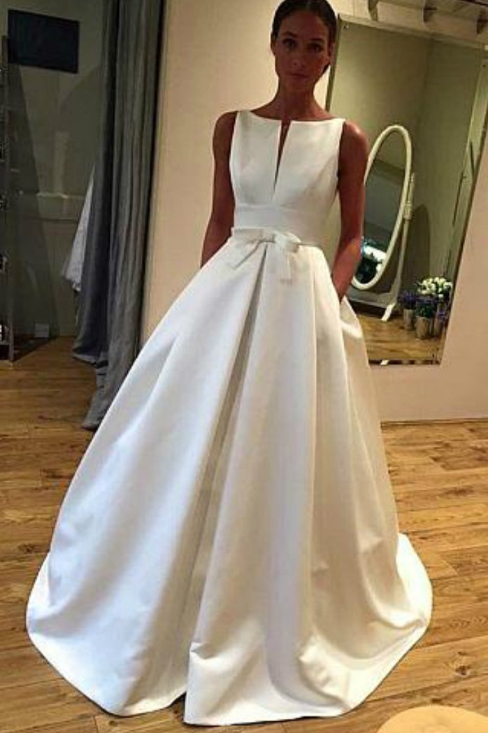 bateau neckline satin bridal gowns simple wedding dress with pockets