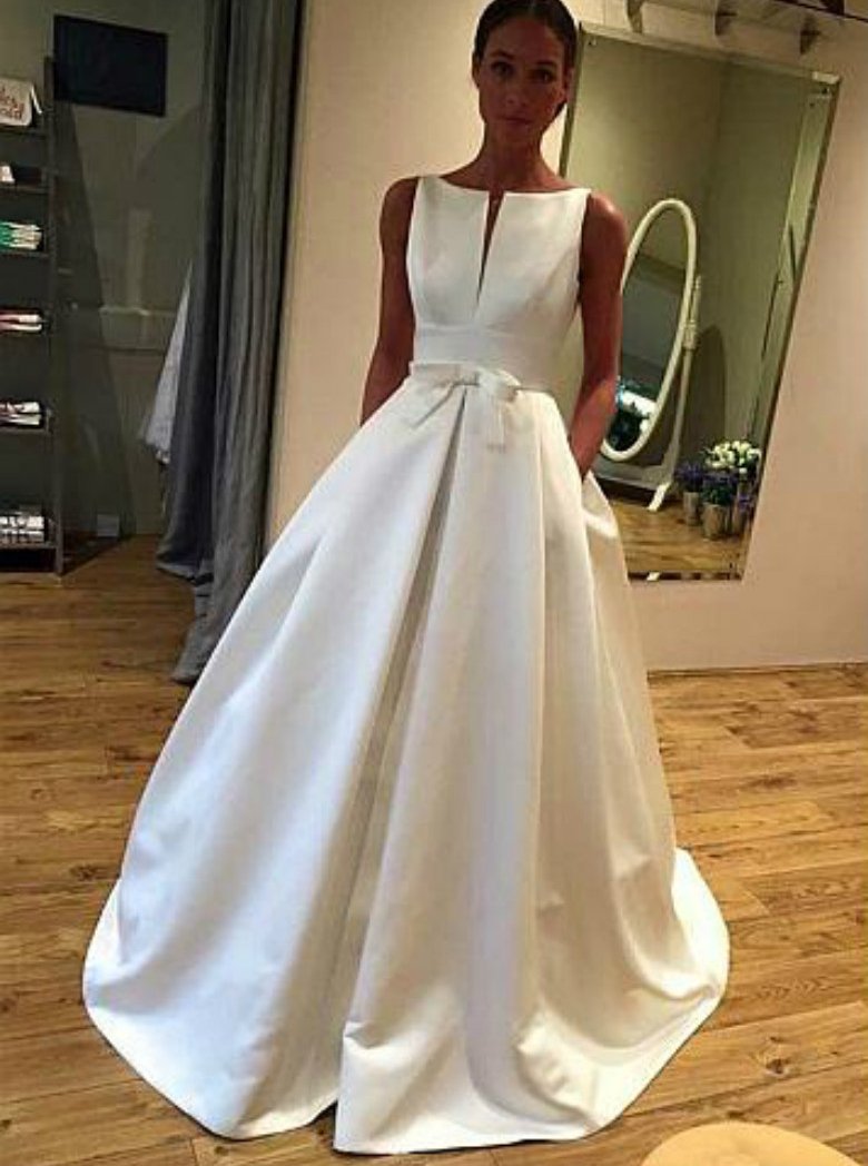 bateau neckline satin bridal gowns simple wedding dress with pockets
