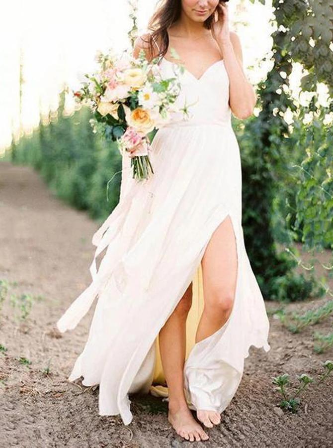Simple Spaghetti Strap Chiffon Beach Wedding Dresses with Split PW144