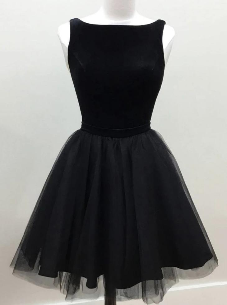 A-line Jewel Prom Dress Short Black Tulle Homecoming Dresses GM19