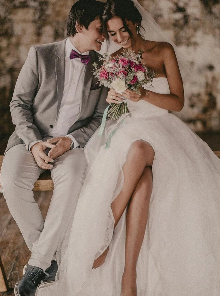 Simple Strapless Lace Wedding Dress Beach Bridal Gown With Slit PW119
