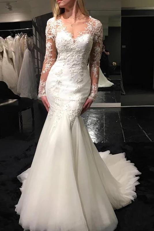 Mermaid V-neck Long Sleeve Appliques Wedding Dresses With Sheer Back PW79