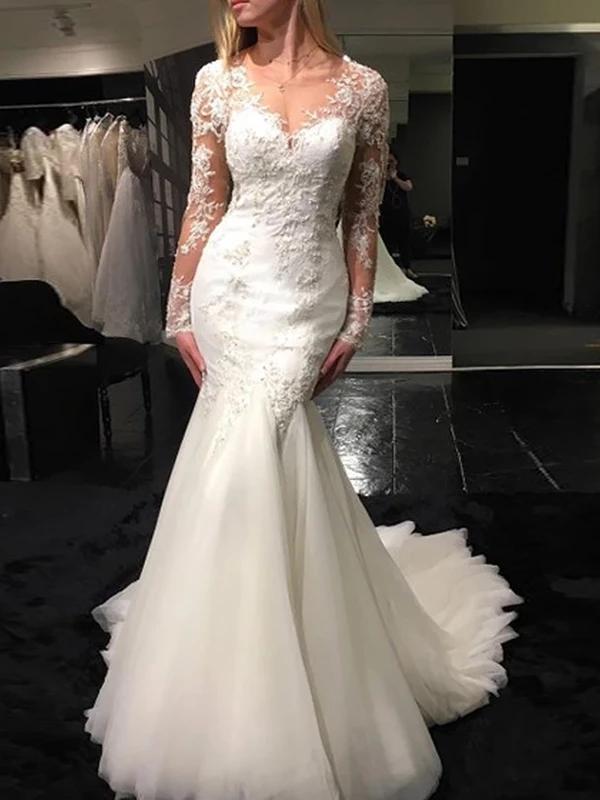 Mermaid V-neck Long Sleeve Appliques Wedding Dresses With Sheer Back PW79