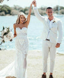 sweetheart sheath column beach wedding dress with lace appliques