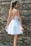 Elegant Straps Tulle White Short Homecoming Dress with Lace GM03