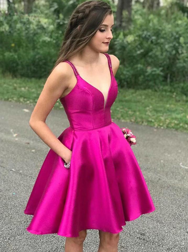 a line short graduation gown fuchsia homecoming dresses with pockets