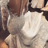 Sexy Mermaid Long Sleeve Lace Applique Wedding Dresses With Beading PW133