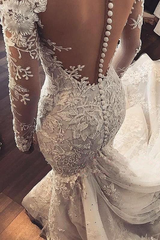 Sexy Mermaid Long Sleeve Lace Applique Wedding Dresses With Beading PW133