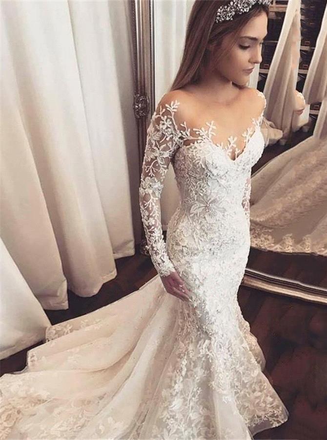 Sexy Mermaid Long Sleeve Lace Applique Wedding Dresses With Beading PW133