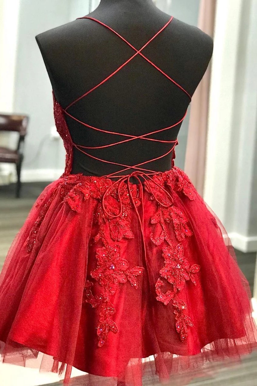strappy short homecoming dresses lace applique red short prom dress