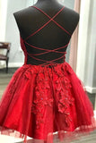 strappy short homecoming dresses lace applique red short prom dress