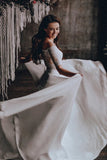 Off Shoulder Lace Top Chiffon Two Piece Beach Wedding Dress With Half Sleeve PW118