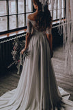 Off Shoulder Lace Top Chiffon Two Piece Beach Wedding Dress With Half Sleeve PW118