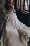 Off Shoulder Lace Top Chiffon Two Piece Beach Wedding Dress With Half Sleeve PW118