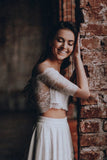 Off Shoulder Lace Top Chiffon Two Piece Beach Wedding Dress With Half Sleeve PW118
