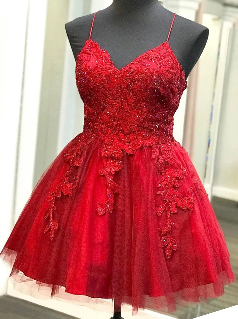 strappy short homecoming dresses lace applique red short prom dress