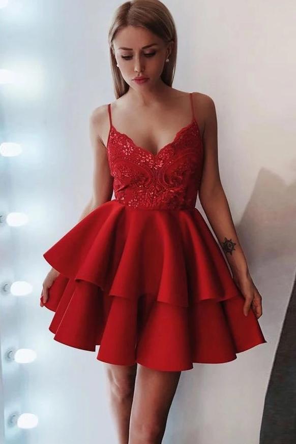 spaghetti strap lace short red homecoming dress with satin ruffled