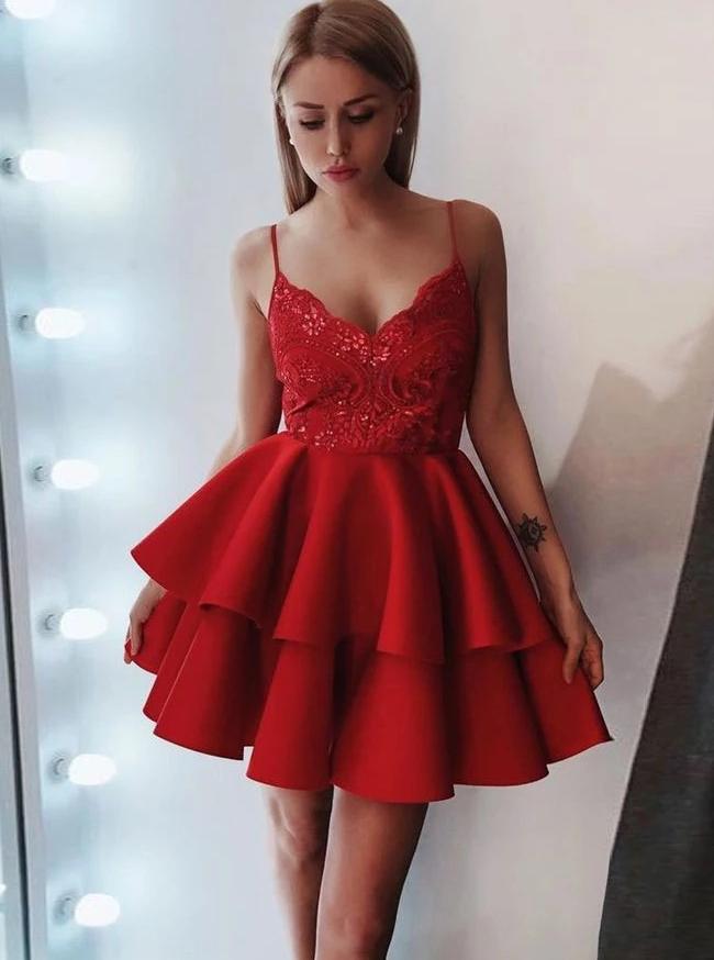 spaghetti strap lace short red homecoming dress with satin ruffled
