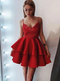 spaghetti strap lace short red homecoming dress with satin ruffled