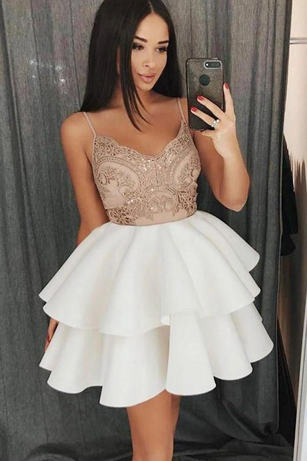 spaghetti strap lace short homecoming dress with satin ruffled