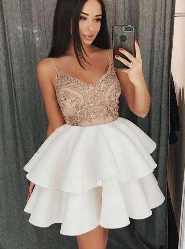 spaghetti strap lace short homecoming dress with satin ruffled
