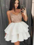 spaghetti strap lace short homecoming dress with satin ruffled