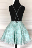 spaghetti straps mint green short lace backless homecoming dresses