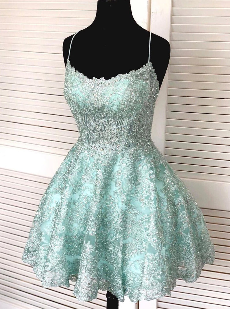 spaghetti straps mint green short lace backless homecoming dresses