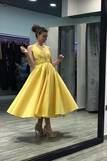 yellow a line tea length homecoming dress sinple short prom dress