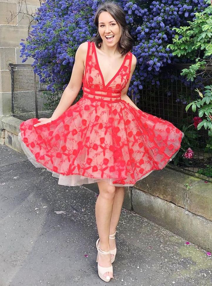 v neck lace red homecoming dresses short prom dress