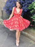 v neck lace red homecoming dresses short prom dress