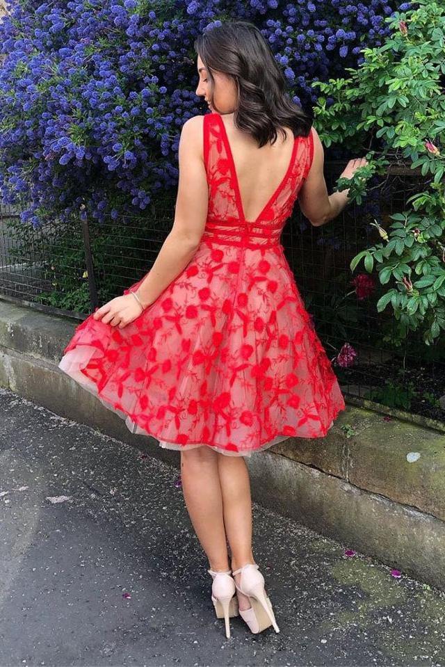 v neck lace red homecoming dresses short prom dress