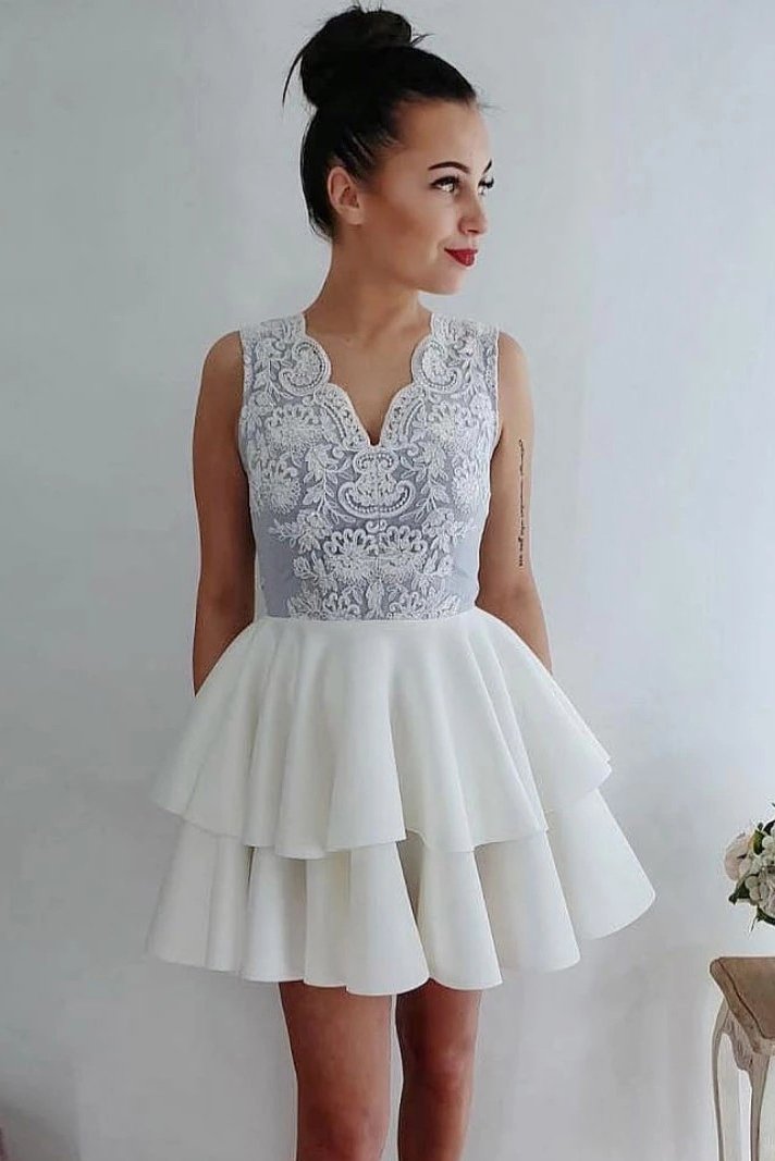 v neck short cocktail dresses appliques homecoming dress with layers