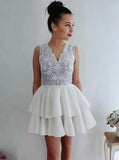 v neck short cocktail dresses appliques homecoming dress with layers