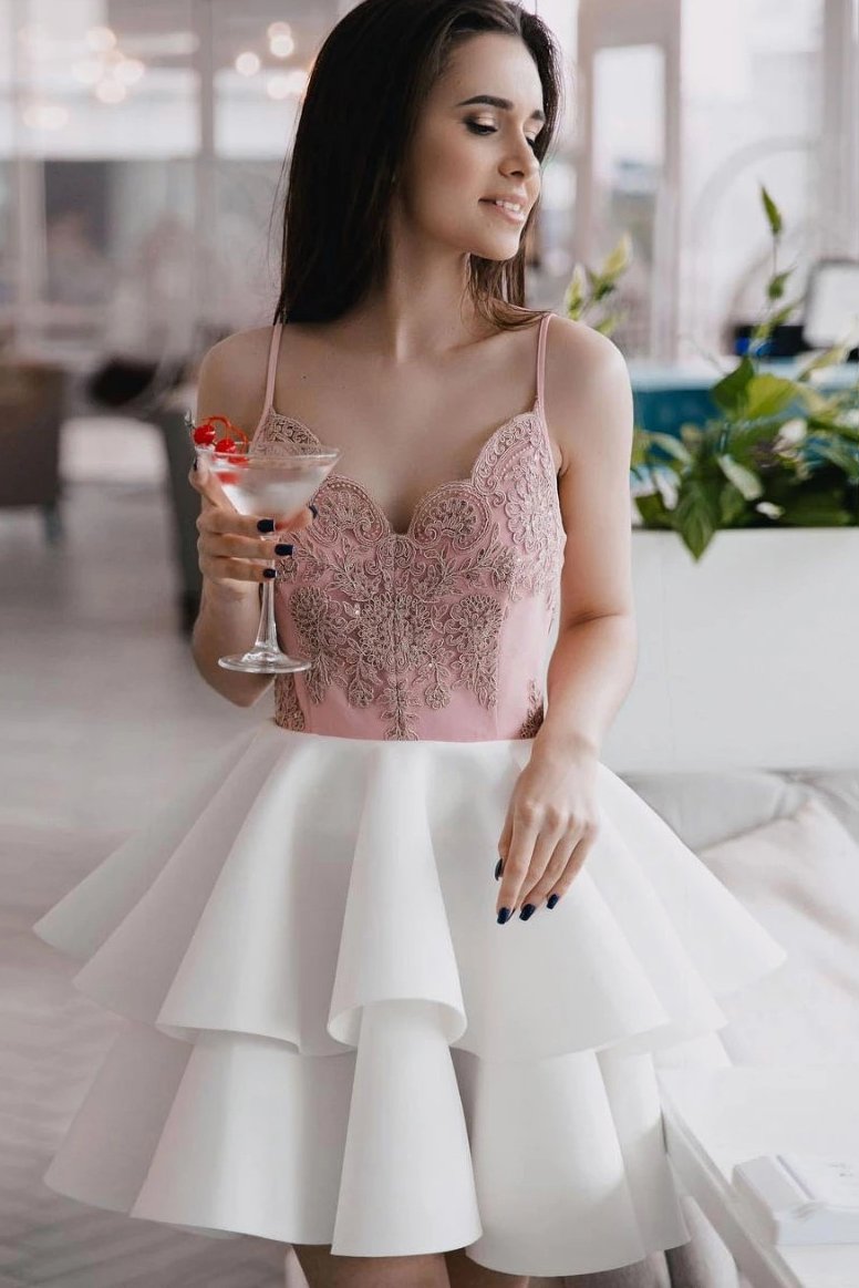 spaghetti strap lace short graduation homecoming dress with layered