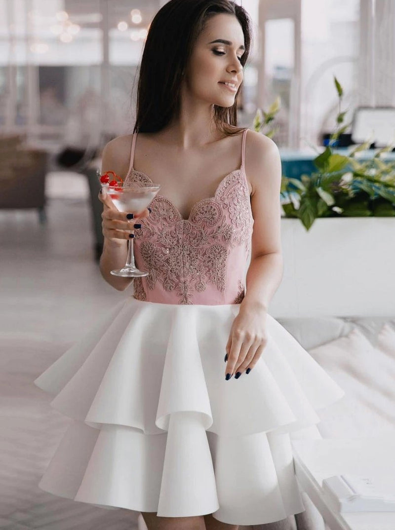 spaghetti strap lace short graduation homecoming dress with layered