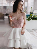 spaghetti strap lace short graduation homecoming dress with layered
